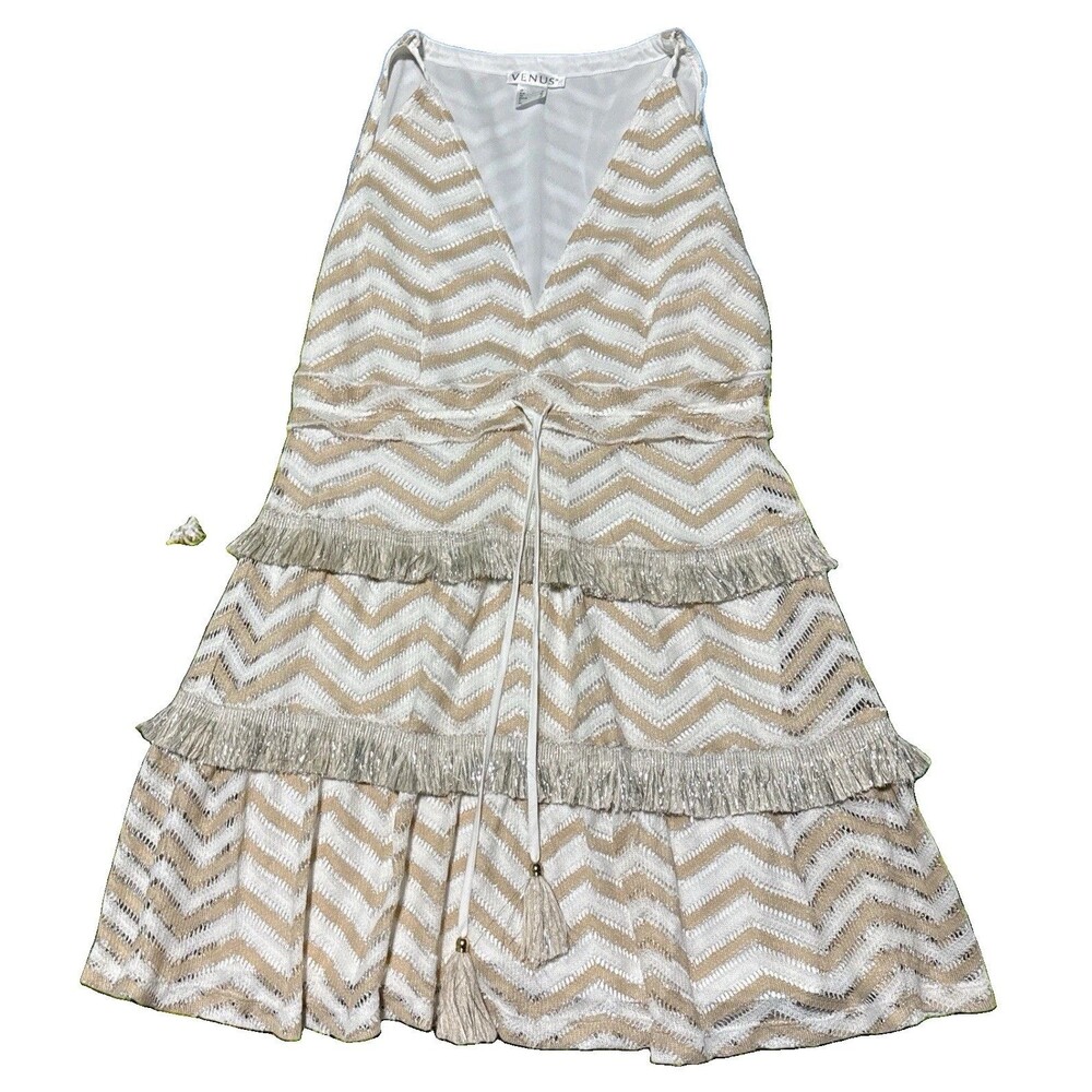 Venus Dress Women’s Size 2 Ivory Beige Boho Fringe Tiered Mini Sleeveless